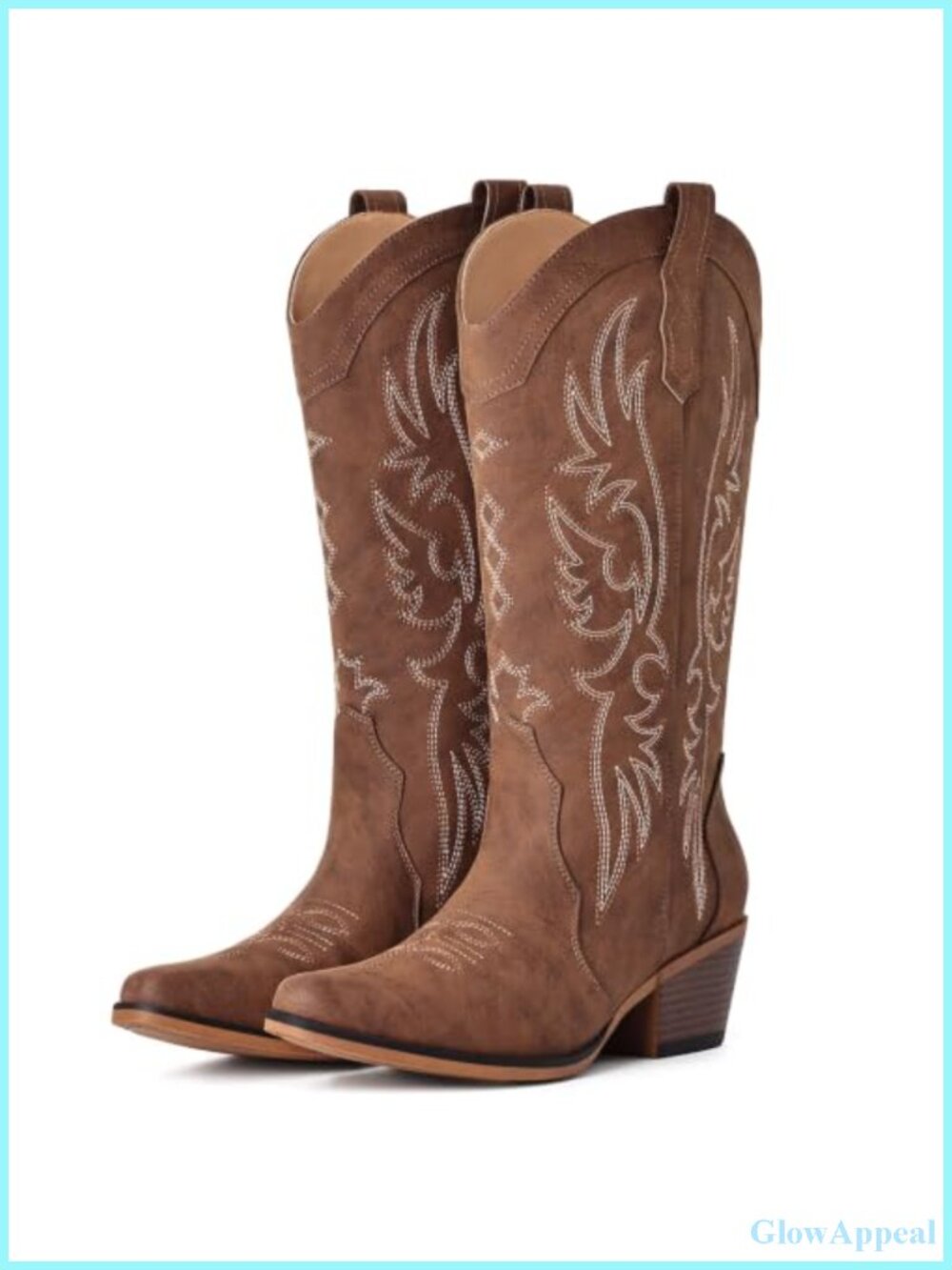 Snip Toe Mid Calf Cowboy Boots Faux Leather Memory Foam
